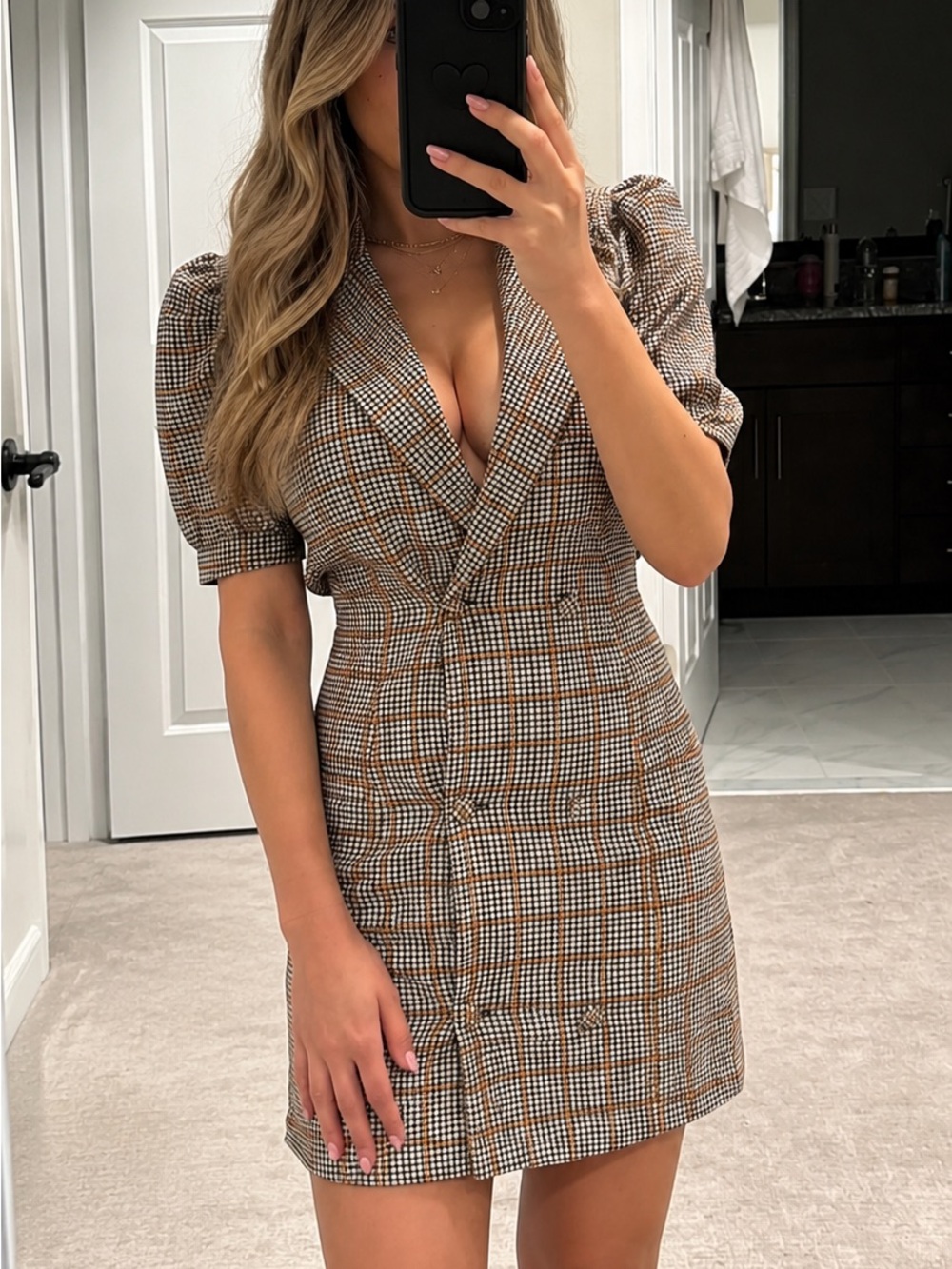 Checked Puff-Sleeve Mini Dress in Brown Plaid